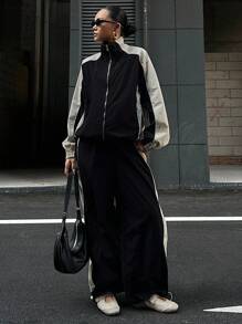 DAZY 女士秋季撞色拼接外套和裤子两件套，秋季女装家居服套装 - 黑色 - 查看 7