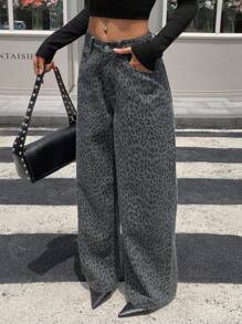 Livesso Quần jeans ống rộng cạp cao họa tiết da báo cho nữ - Màu xanh lam - Xem 3