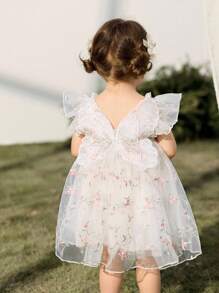 Cozy Pixies Baby Girl Botanical Floral Print Round Neck Ruffle Trim Waist Dress Baby Butterfly Dress Baby Girl Butterfly Dress Fairy Baby Dress Baby Girl Lace Dress Baby Princess Dress - Multicolor - View 2