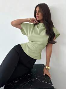 Firerie Crinkle Collar Asymmetrical Sleeve Side Ruched Waist Slim Fit Apricot Bamboo Linen Fabric Blouse For Women, All Season,Elegant Women's Blouses - Mint Blue - View 5