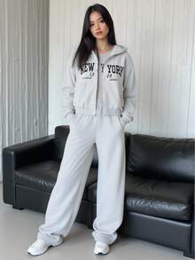 Sparklyn 3 件套青少年女孩印花拉链连帽衫夹克和极简主义图案 T 恤和阔腿裤套装，娇小女士休闲运动衫套装，适合外出、度假、街头、返校、校园穿着 - 淺灰色 - 查看 5