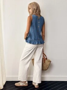 EMERY ROSE 假期休閒無袖牛仔頂部，配有背部鈕扣和荷葉邊 - 藍色 - 查看 3