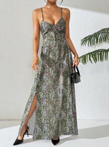 Chiquease 佩斯利印花吊带露背吊带连衣裙 超长度假海滩装 女款 - 綠色 - 查看 6