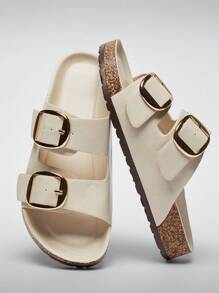 Solezae Giày sandal đế bần AZ cổ điển hai quai khóa vàng dày dặn dành cho nữ, chất liệu PU hoàn thiện dầu cao cấp - Kiểu dáng cao cấp, hỗ trợ vòm chân và phong cách từ du thuyền đến đường phố - trắng - Xem 1