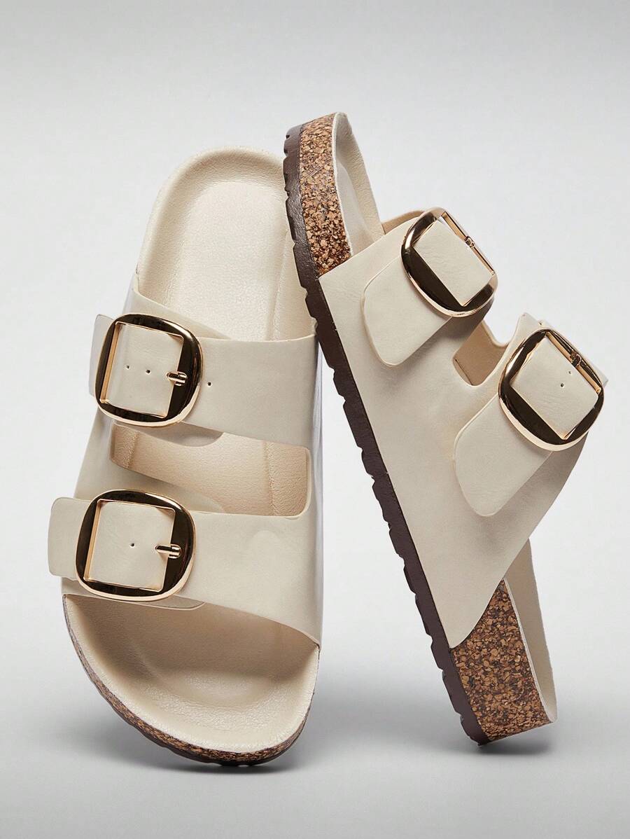 Solezae Giày sandal đế bần AZ cổ điển hai quai khóa vàng dày dặn dành cho nữ, chất liệu PU hoàn thiện dầu cao cấp - Kiểu dáng cao cấp, hỗ trợ vòm chân và phong cách từ du thuyền đến đường phố - trắng - Xem 1