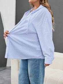 SHEIN CURVE+ Plus Size Women's Loose Casual Striped Hooded Shirt, Lightweight Shacket For Summerfall Clothes For Women,Winter,CURVE PLUS - Blue and White - View 7