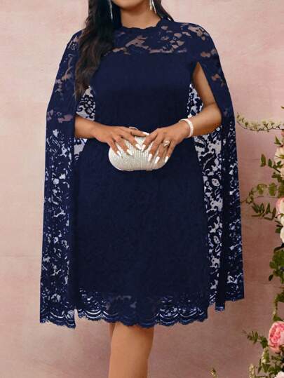 Cravure Vestido de encaje de manga larga con abertura y cuello redondo, de corte holgado, para mujer de talla grande. Vestido de verano, primavera, elegante, de encaje, para boda, invitada de boda, casual de negocios y romántico