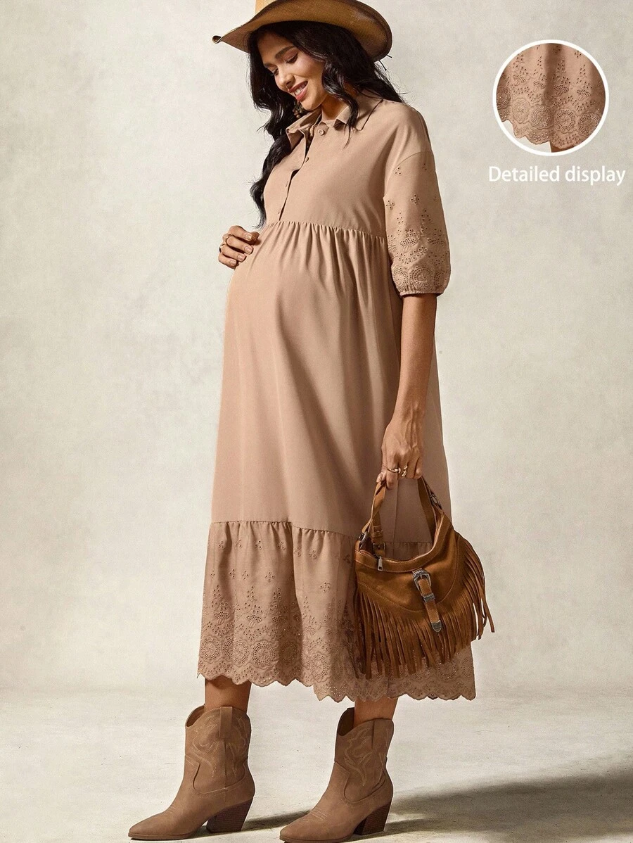 Boho Mama Locker sitzendes, lässiges Umstandskleid in Midi-Länge mit Unifarbe, einfach und bequem - Khaki - Übersicht 1