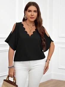 Miaspire 大尺碼度假休閒純色露肩上衣，帶波浪邊 - 黑色 - 查看 1