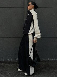 DAZY 女士秋季撞色拼接外套和裤子两件套，秋季女装家居服套装 - 黑色 - 查看 5