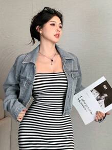 DAZY 女式落肩长袖休闲宽松牛仔夹克，秋季女装 - 淺色水洗藍 - 查看 9