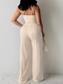 INAWLY 性感修身吊带背心和直筒裤两件套，休闲优雅女士 - 杏色 - 查看 2