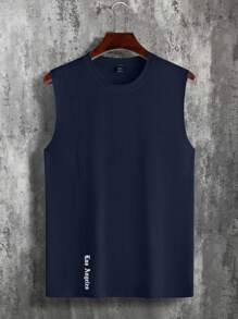 Manfinity Homme Men's Letter Print Round Neck Casual Loose Fit Tank Top Gym Tops Men - Navy Blue - View 3