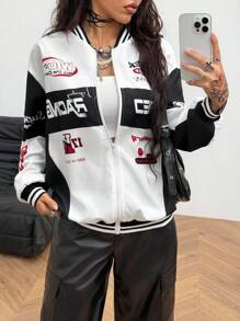 Coolane Women's Fall/Winter Streetwear Blokecore Color-Blocked Letter Pattern Print Baseball Jackets For Back To School - White - View 6