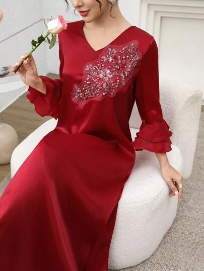 SHEIN Najma 女式 V 领串珠花卉双荷叶边袖阿拉伯风格连衣裙，春夏