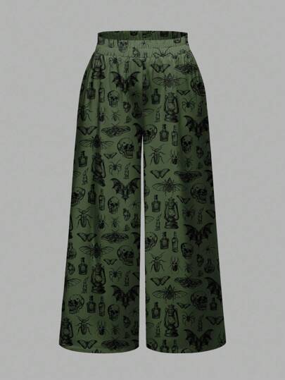 ROMWE Plus Size Gothic Style Dark Moth, Spider, Crow, Bat Green Print Loose Wide Leg Pants, Halloween