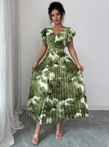 Modelyn 女式扎染花卉印花荷叶边下摆长裙女装 - 橄欖綠 - 查看 4