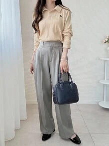 FRIFUL Women's Beige Textured Fabric Embroidered Print Shirt Collar Long Sleeve Casual Loose Fit Versatile T-Shirt, Autumn - Beige - View 2