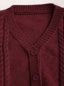 Sweetra Women's Loose Fit Lantern Sleeve V-Neck Cardigan Sweater, Minimalist & Sweet, Burgundy, Autumn/Winter Fall Cloth For Women - Burgundy - View 3