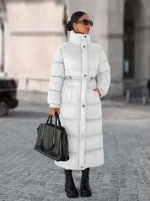 EURMUSE Zip Up Drawstring Waist Long Padded Coat - White - View 4