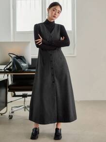 Dazy-Less Women's V-Neck Wool Blend Sleeveless Cinched Waist Midi Dress, Loose Fit Business Casual Office Commuter Wear, Autumn/Winter