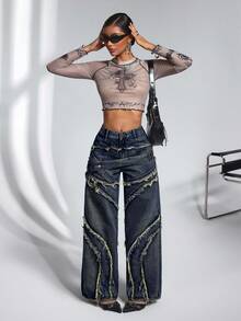 Jeanoix Jeans casuales anchos con diseño de hebilla y dobladillo deshilachado para mujer - Azul - Ver 4