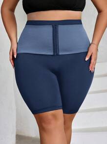 SHEIN CURVE+ Pantaloncini da donna taglie forti con controllo di vita e addome, aderenti e compressivi, con chiusura anteriore a gancio/magliette con grafica - Blu Navy - Visualizzare 3