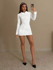 SHEIN ICON 女士合身黑白波点撞色领子星期三迷你连衣裙 - 白色 - 查看 5