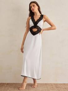 Charlaine Women's Sexy V-Neck Contrast Lace Nightgown, Summer - Black and White - View 4