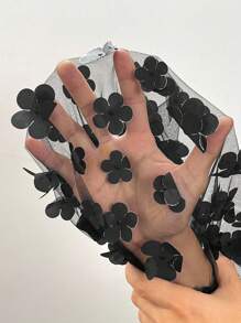 Cravure 大码女式方领收腰3D花卉拼接优雅浪漫A字长袖超长连衣裙 - 黑色 - 查看 4