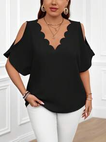 Miaspire 大尺碼度假休閒純色露肩上衣，帶波浪邊 - 黑色 - 查看 5