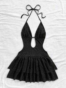 Soleia 奶油黄色女士度假复古扎染印花深 V 领露背系带双荷叶边下摆腰部收紧迷你连衣裙，适合派对、性感、约会、下午茶、街头、城市度假、音乐节、海滩、夏季 - 黑色 - 查看 3