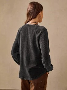 Wildy Fall Country Chic Women's Casual Washed Raglan Sleeve T-Shirt Babydoll Dress Cropped Sweater Gray Sweater Jumper For Women Ribbed Sleeve Sweater Button Up Sweater Women Jumper Women T-Shirt Ribbed T-Shirt PreFall Sweater - Black - View 2