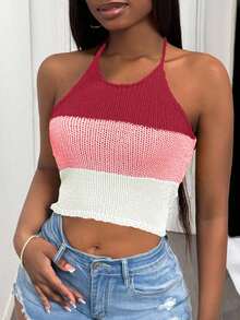 Slaydiva Nouveau Top tricoté à rayures multicolores style décontracté, de rue, sexy, pour sorties quotidiennes, vacances à la plage, croisière, anniversaire, avec bretelles ras-du-cou. Convient pour les femmes lors de concerts, vacances, etc. - Rose bonbon - Voir 7