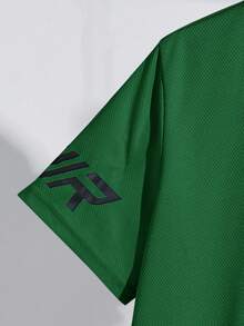 SHEIN 2pcs Tween Boy Sports Textured Fabric Vertical Stripe Pattern Short Sleeve T-Shirt And Shorts Set - Dark Green - View 7