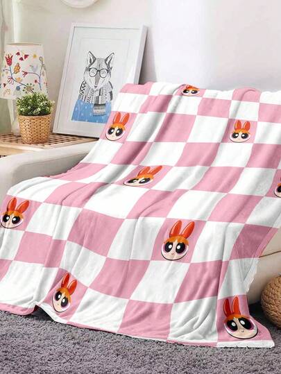 THE POWERPUFF GIRLS X SHEIN Manta suave y esponjosa con estampado de flores y cuadros para el dormitorio, la sala de estar, idea de regalo acogedor para la decoración