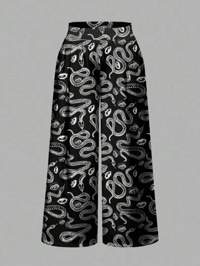 Gothic Dark Mysterious Horror Snake Eye Print Plus Size Loose Wide Leg Pants, Halloween