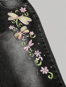 ROMWE Fairycore 女式 Y2k 夏季复古蝴蝶亮片刺绣七分牛仔裤 - 黑色 - 查看 2