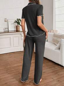 SHEIN 休闲宽松超大柔软垂坠轻盈夏季针织深灰色荷叶边短袖女式连体裤 - 深灰色 - 查看 2