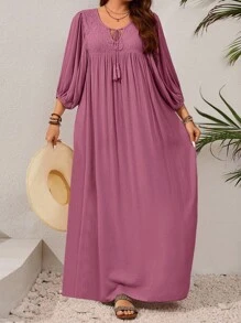 EMERY ROSE 大码女式撞色蕾丝流苏系带灯笼袖休闲连衣裙