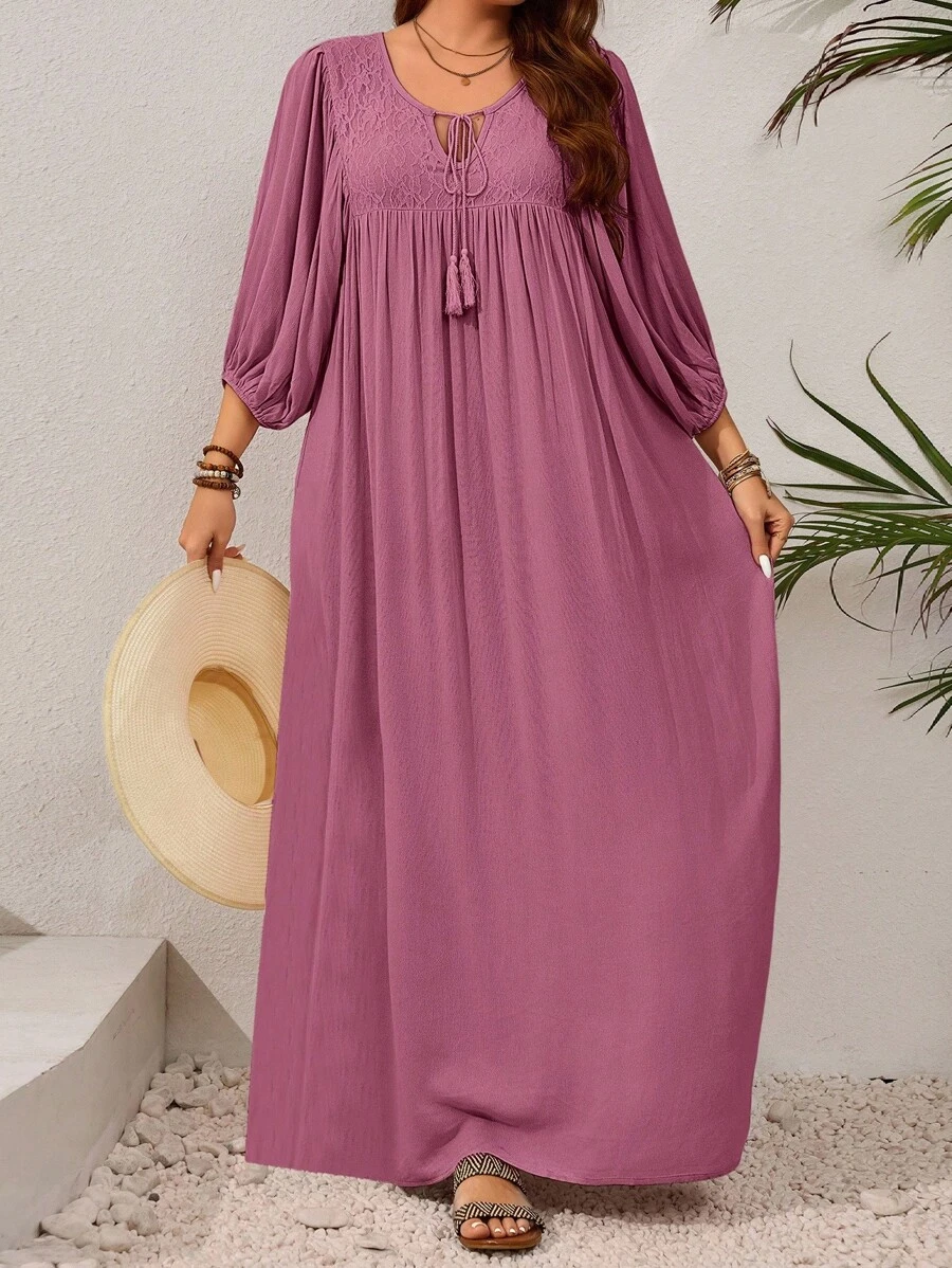 EMERY ROSE 大码女式撞色蕾丝流苏系带灯笼袖休闲连衣裙