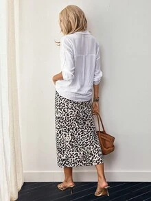 EMERY ROSE Women Leopard Print Slit Skirt, Casual Vacation - Multicolor - View 2
