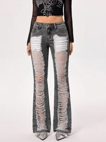 SHEIN ICON Asian Fit Low Waist Skinny Ripped Flare Jeans - Dark Grey - View 4