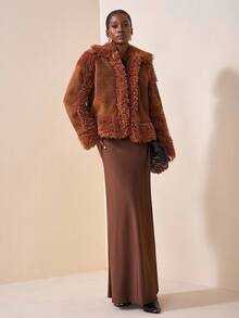 Zivah Nuevo lanzamiento de otoño 2025, adecuado para fiesta de cumpleaños, estilo escolar, uso diario, casual, vacaciones, viajes en crucero, playa, tomar el sol, viral, estilo callejero, estilo de motocicleta, club, chaqueta de mujer de otoño/invierno con cuello de piel, cárdigan tubular de parches de piel, puños de piel, tela de piel rojiza - Marrón - Ver 9