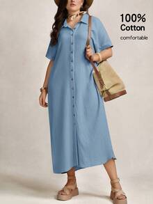 Zelara Mother'S Day Gift Navycore Outfits Apricot Crinkled Buttons Maxi Beach Navycore Dress With Slits Nautical Casual For Women Coastal Nautical Vacation Outfits Dress,Fall Dresses For Women - Baby Blue - View 4