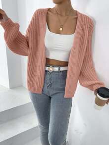 EURMUSE 女士纯色落肩长袖宽松休闲针织开衫 - 乾枯玫瑰色 - 查看 5