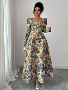 Elenzga 女士优雅秋季方领泡泡袖上衣和 A 字形纹理玫瑰提花裙两件套 - 彩色 - 查看 7