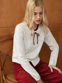 Écloséra Cárdigan de punto con cuello redondo, manga larga, bloqueo de color, lazo, patrón de cuadros de diamante jacquard en albaricoque, blanco y burdeos para mujer en primavera/otoño/invierno, estilo vintage francés, ropa de trabajo, ropa de oficina, atuendos de maestro, vuelta al colegio, otoño, estilo casual de negocios, estilo de dinero antiguo, estilo universitario preppy