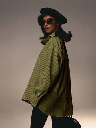 Athîral 女士前扣领长袖粉色条纹简约衬衫情人节款