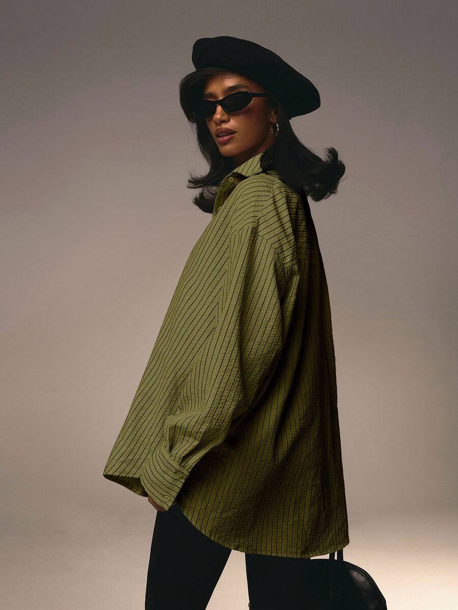 Athîral 女士前扣领长袖粉色条纹简约衬衫情人节款